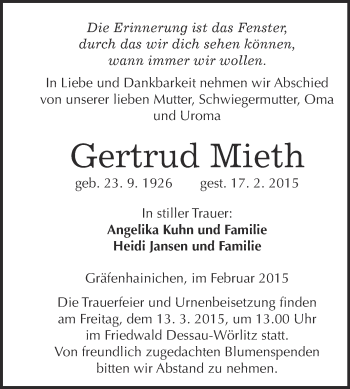 Traueranzeige von Gertrud Mieth von WVG - Wochenspiegel Wittenberg