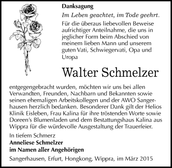 Traueranzeige von Walter Schmelzer von Mitteldeutsche Zeitung Sangerhausen