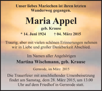 Traueranzeige von Maria Appel von WVG - Wochenspiegel Quedlinburg