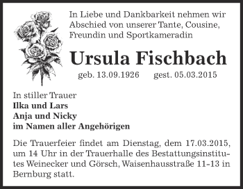 Traueranzeige von Ursula Fischbach von Super Sonntag Bernburg