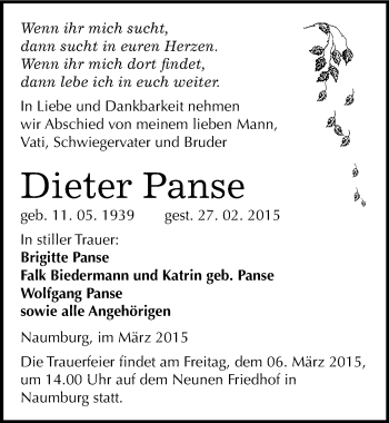 Traueranzeige von Dieter Panse von Mitteldeutsche Zeitung Naumburg/Nebra