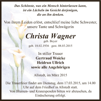 Traueranzeige von Christa Wagner von Super Sonntag SGH Mansf. Land