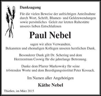 Traueranzeige von Paul Nebel von WVG - Wochenspiegel Dessau / Köthen