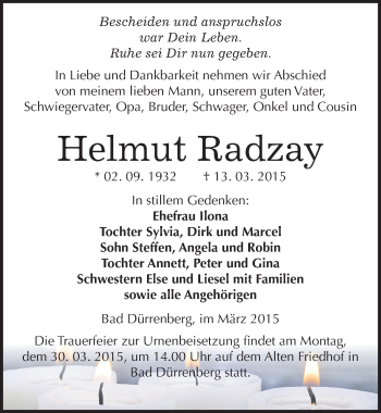 Traueranzeige von Helmut Radzag von Mitteldeutsche Zeitung Merseburg/Querfurt