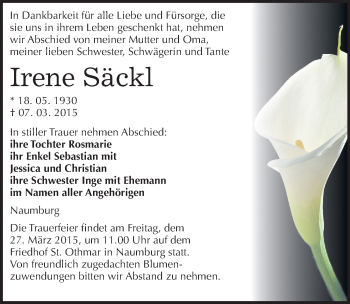 Traueranzeige von Irene Säckl von Mitteldeutsche Zeitung Naumburg/Nebra