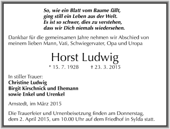 Traueranzeige von Horst Ludwig von Mitteldeutsche Zeitung Aschersleben
