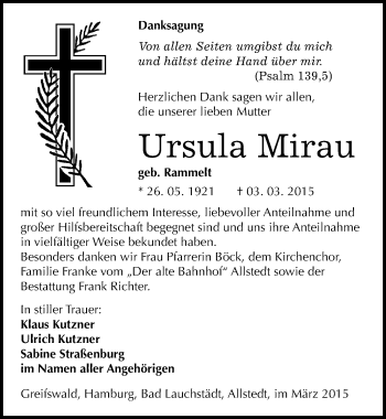 Traueranzeige von Ursula Mirau von Mitteldeutsche Zeitung Sangerhausen