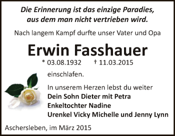 Traueranzeige von Erwin Fasshauer von Super Sonntag Aschersleben