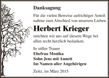 Traueranzeige von Herbert Krieger von Super Sonntag Zeitz