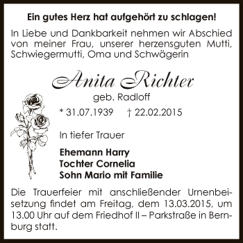 Traueranzeige von Anita Richter von Super Sonntag Bernburg