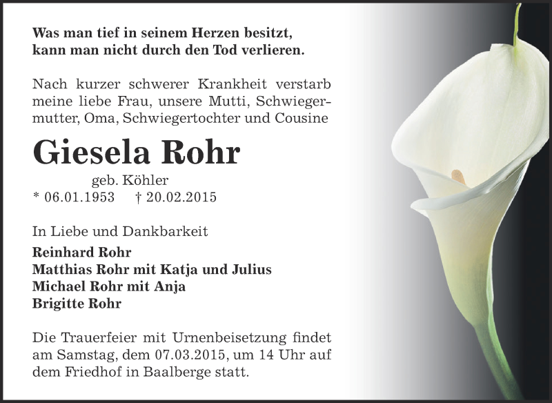  Traueranzeige für Giesela Rohr vom 01.03.2015 aus Super Sonntag Bernburg