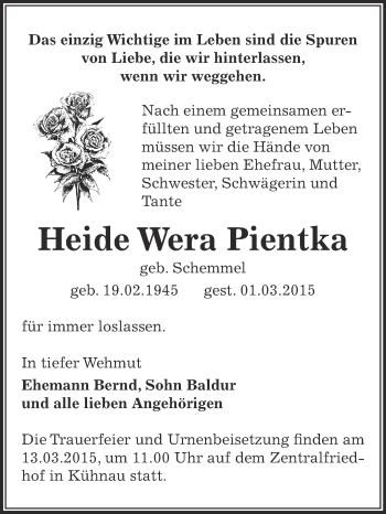 Traueranzeige von Heide Wera Pientka von WVG - Wochenspiegel Dessau / Köthen