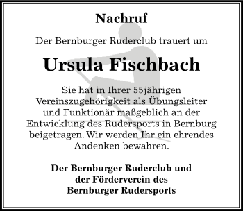 Traueranzeige von Ursula Fischbach von Mitteldeutsche Zeitung Bernburg