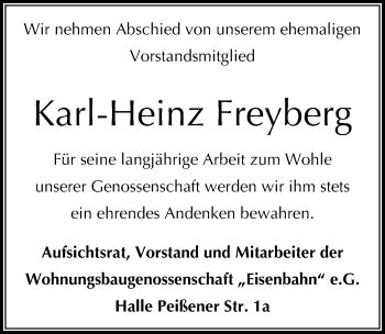 Traueranzeige von Karl-Heinz Freyberg von Mitteldeutsche Zeitung Halle/Saalkreis