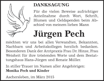 Traueranzeige von Jürgen Pech von Super Sonntag Aschersleben