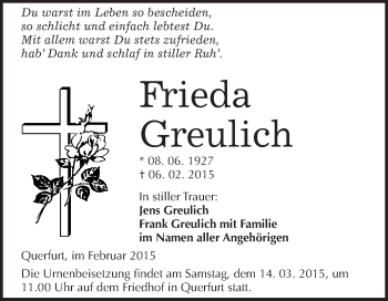 Traueranzeige von Frieda Greulich von WVG - Wochenspiegel Merseburg