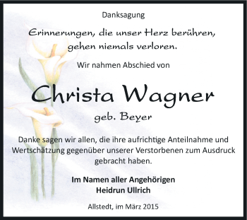 Traueranzeige von Christa Wagner von Super Sonntag SGH Mansf. Land