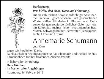 Traueranzeige von Annemarie Schumann von Mitteldeutsche Zeitung Naumburg/Nebra