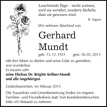 Traueranzeige von Gerhard Mundt von WVG - Wochenspiegel Wittenberg