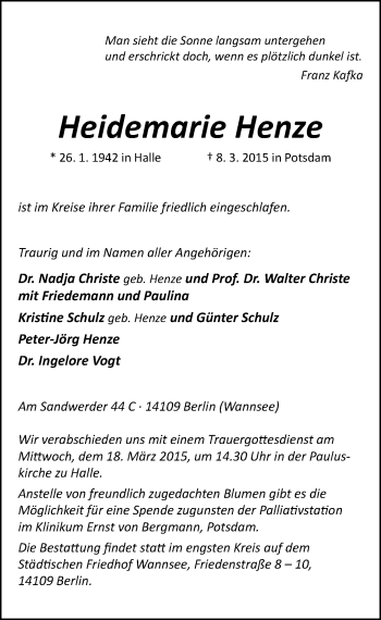 Traueranzeige von Heidemarie Henze von Mitteldeutsche Zeitung Halle/Saalkreis