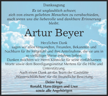 Traueranzeige von Artur Beyer von WVG - Wochenspiegel NMB / WSF / ZTZ