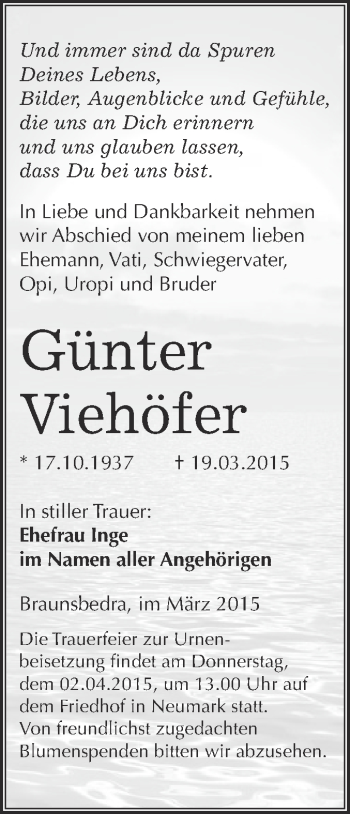 Traueranzeige von Günter Viehöfer von WVG - Wochenspiegel Merseburg