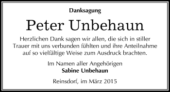 Traueranzeige von Peter Unbehaun von Mitteldeutsche Zeitung Wittenberg