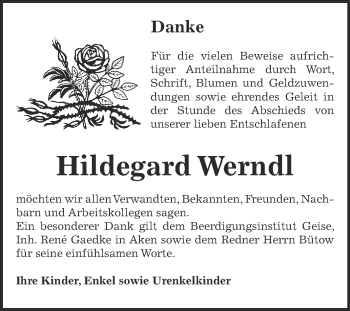 Traueranzeige von Hildegard Werndl von WVG - Wochenspiegel Dessau / Köthen