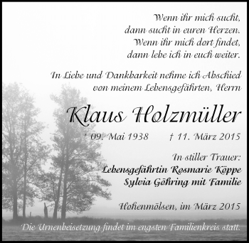 Traueranzeige von Klaus Holzmüller von Mitteldeutsche Zeitung Weißenfels