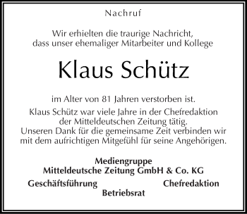 Traueranzeige von Klaus Schütz von Mitteldeutsche Zeitung Halle/Saalkreis