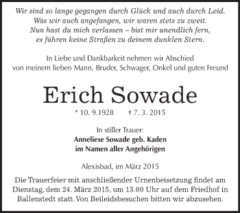 Traueranzeige von Erich Sowade von WVG - Wochenspiegel Quedlinburg