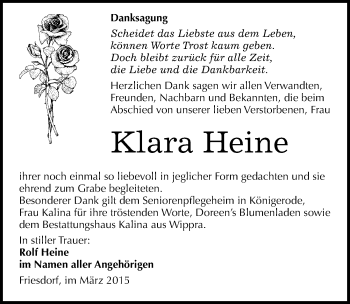 Traueranzeige von Klara Heine von Mitteldeutsche Zeitung Mansfelder Land