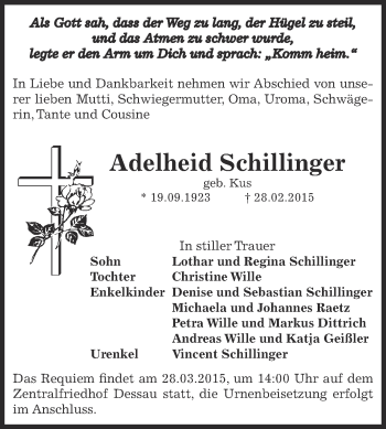 Traueranzeige von Adelheid Schillinger von WVG - Wochenspiegel Dessau / Köthen