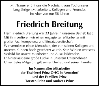 Traueranzeige von Friedrich Breitung von Mitteldeutsche Zeitung Merseburg/Querfurt