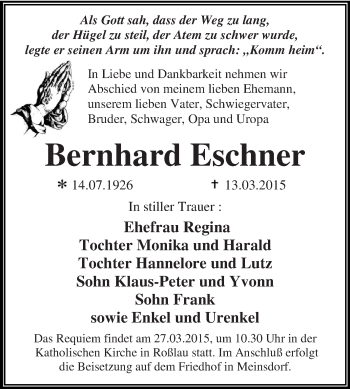 Traueranzeige von Bernhard Eschner von WVG - Wochenspiegel Dessau / Köthen