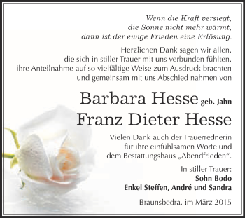 Traueranzeige von Barbara und Franz Dieter Hesse von WVG - Wochenspiegel Merseburg