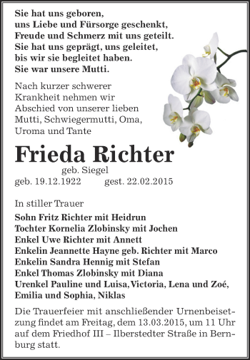 Traueranzeige von Frieda Richter von Super Sonntag Bernburg