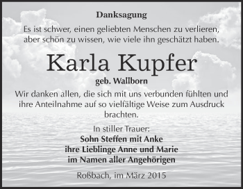 Traueranzeige von Karla Kupfer von WVG - Wochenspiegel Merseburg