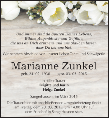 Traueranzeige von Marianne Zunkel von Mitteldeutsche Zeitung Sangerhausen