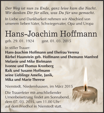 Traueranzeige von Hans-Joachim Hoffmann von Mitteldeutsche Zeitung Sangerhausen