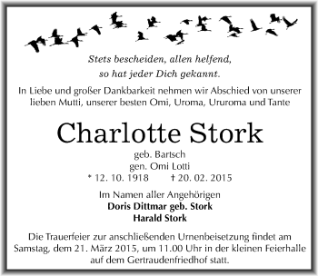 Traueranzeige von Charlotte Stork von Mitteldeutsche Zeitung Halle/Saalkreis