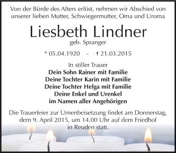 Traueranzeige von Liesbeth Lindner von Mitteldeutsche Zeitung Zeitz