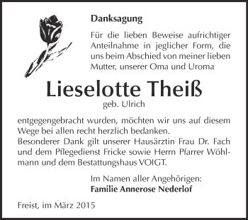 Traueranzeige von Lieselotte Theiß von Wochenspiegel Mansfelder Land