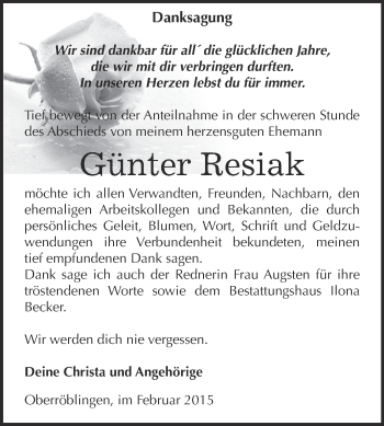 Traueranzeige von Günter Resiak von WVG - Wochenspiegel SGH