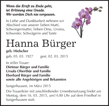 Traueranzeige von Hanna Bürger von Mitteldeutsche Zeitung Sangerhausen