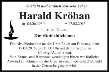 Traueranzeige von Harald Kröhan von WVG - Wochenspiegel Dessau / Köthen