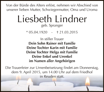 Traueranzeige von Liesbeth Lindner von Super Sonntag Zeitz