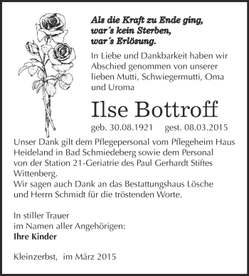 Traueranzeige von Ilse Bottroff von WVG - Wochenspiegel Wittenberg