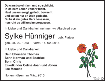 Traueranzeige von Sylke Hünniger von WVG - Wochenspiegel NMB / WSF / ZTZ