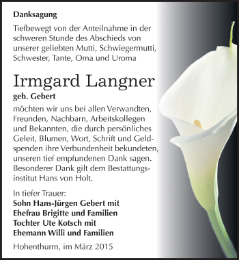 Traueranzeige von Irmgard Langner von Mitteldeutsche Zeitung Halle/Saalkreis